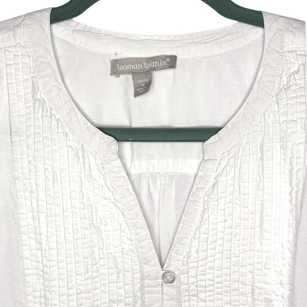 Woman Within White Cotton Gauze Pintuck Blouse Short Sleeve Plus Size 1X 22/24